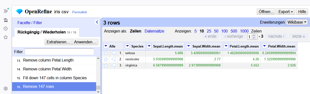 Iris Beispiel Ergebnis in OpenRefine