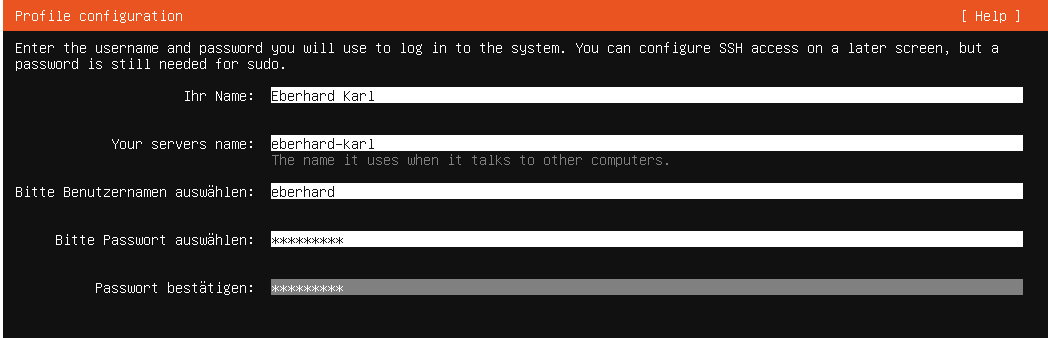 Die Abbildung zeigt den Ubuntu-Installationsassistenten: Erstellung der Anmeldeinformationen