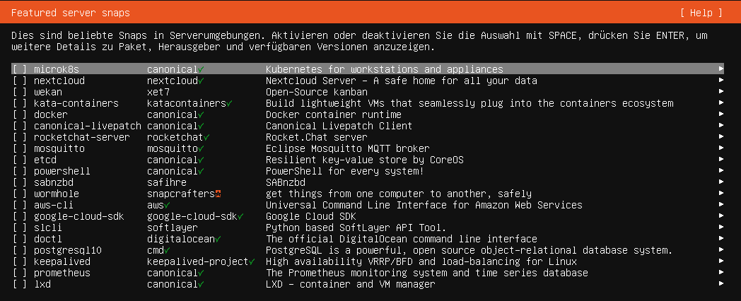 Die Abbildung zeigt den Ubuntu-Installationsassistenten: Auswahl von snap-Paketen
