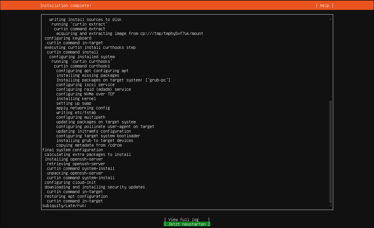 Die Abbildung zeigt den Ubuntu-Installationsassistenten: Abschluss der Installation und Neustart