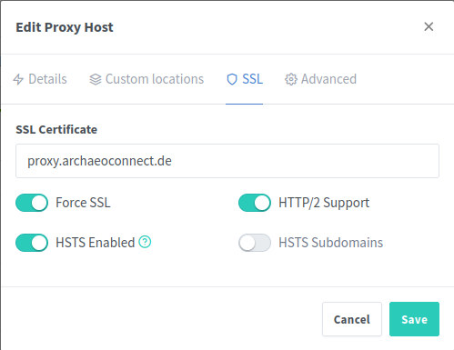 NGINX-Proxy-Manager: Eingabemaske für Proxy-Host, SSL-Tab für TLS-Zertifikate
