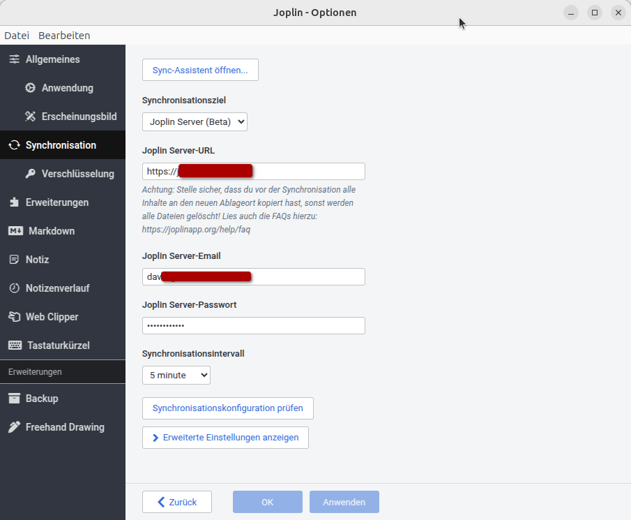 Konfigurationsmenü von Joplin. Zu sehen sind die Einstellungen für die Synchronistaion