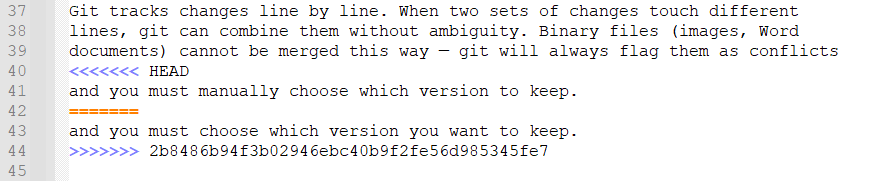 A screenshot of a text editor showing a merge conflict with the conflict markers highlighted