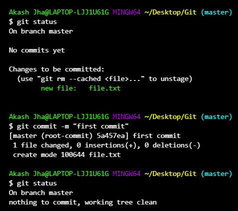 Screenshot of a Bash terminal showing git commands 'status' and 'commit' being executed.