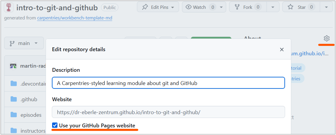Screenshot of the 'About' section in the right sidebar of a GitHub repository, showing how to add a description and website URL.