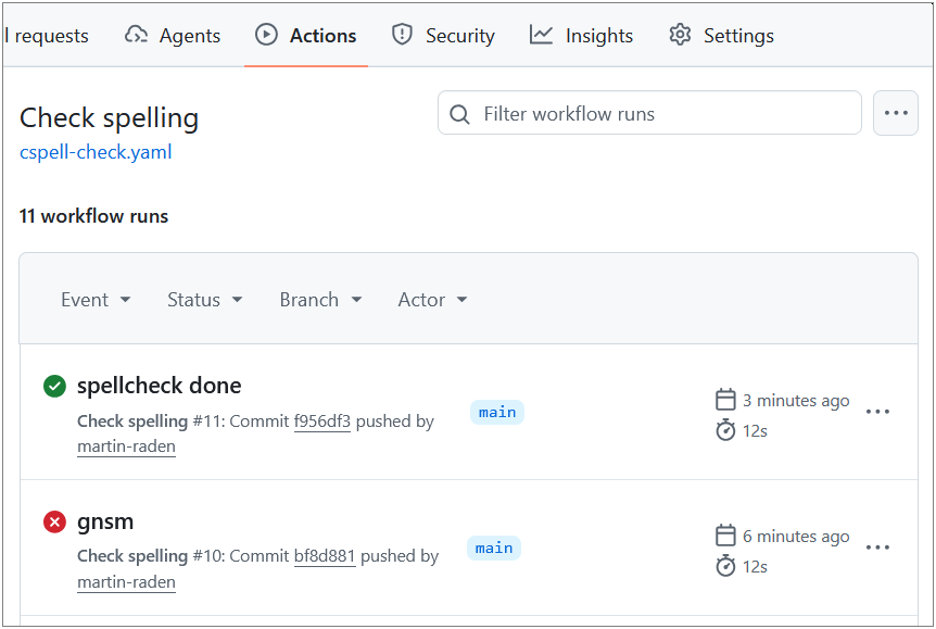 Screenshot of the 'Actions' tab in a GitHub repository, showing a list of workflow runs with their status (passed or failed).