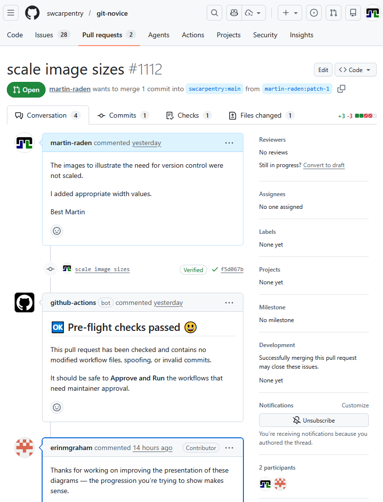A screenshot of a pull request page on GitHub showing the conversation tab.