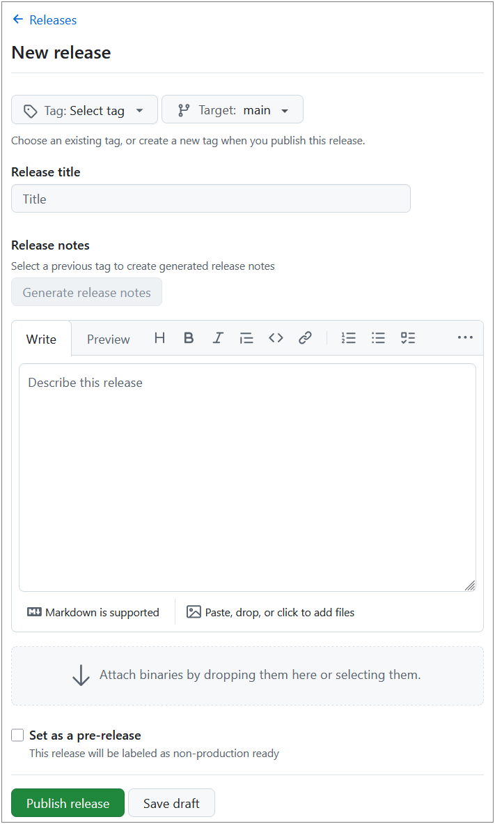 Screenshot of the 'Draft a new release' page on GitHub, showing fields for tag version, release title, and release notes.