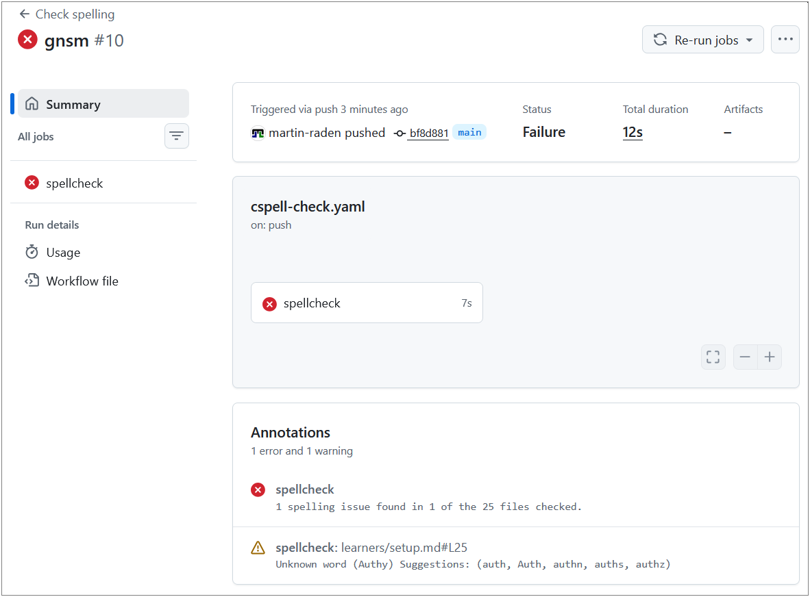 Screenshot of a failed spell-check workflow, showing the error message and logs.
