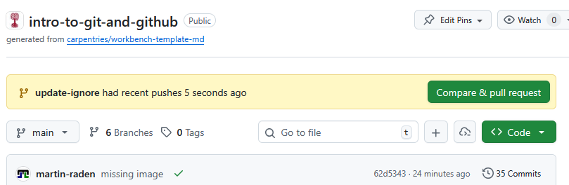 A screenshot of the GitHub website showing a notification about a recently pushed branch with a button to open a pull request
