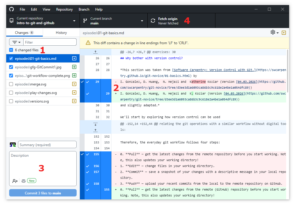 Screenshot of GitHub Desktop showing the Changes tab with a list of modified files and options to stage them for commit.