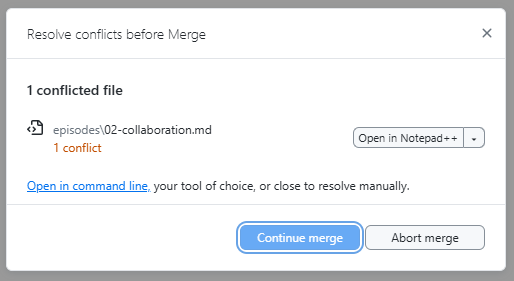 A screenshot of GitHub Desktop showing a notification that says "This branch has conflicts that must be resolved"