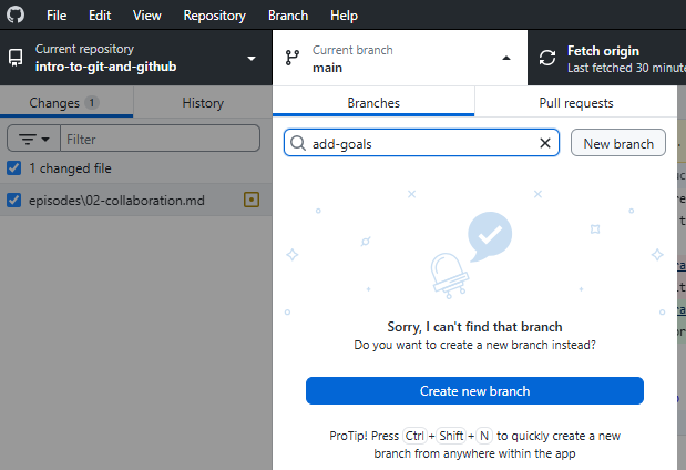 A screenshot of GitHub Desktop showing the "Create a branch" dialog with a new branch name being entered