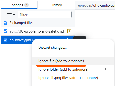 Screenshot of GitHub Desktop showing the context menu with the 'Ignore this file' option.