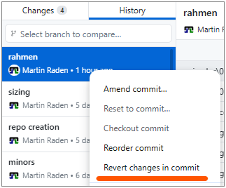 Screenshot of the 'Revert changes in commit' option in GitHub Desktop