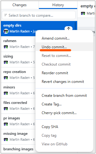 Screenshot of the 'Undo commit' option in GitHub Desktop