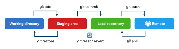 git workflow including the staging step, showing the working directory, staging area, local repository, and remote repository with arrows indicating the flow of changes.