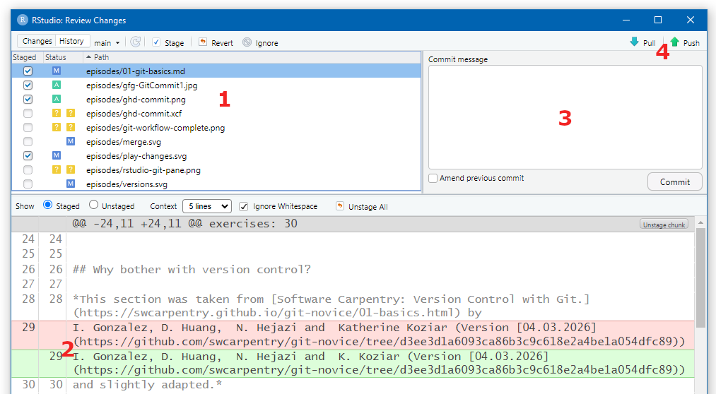Screenshot of RStudio showing the commit dialog with staged changes and commit message box.