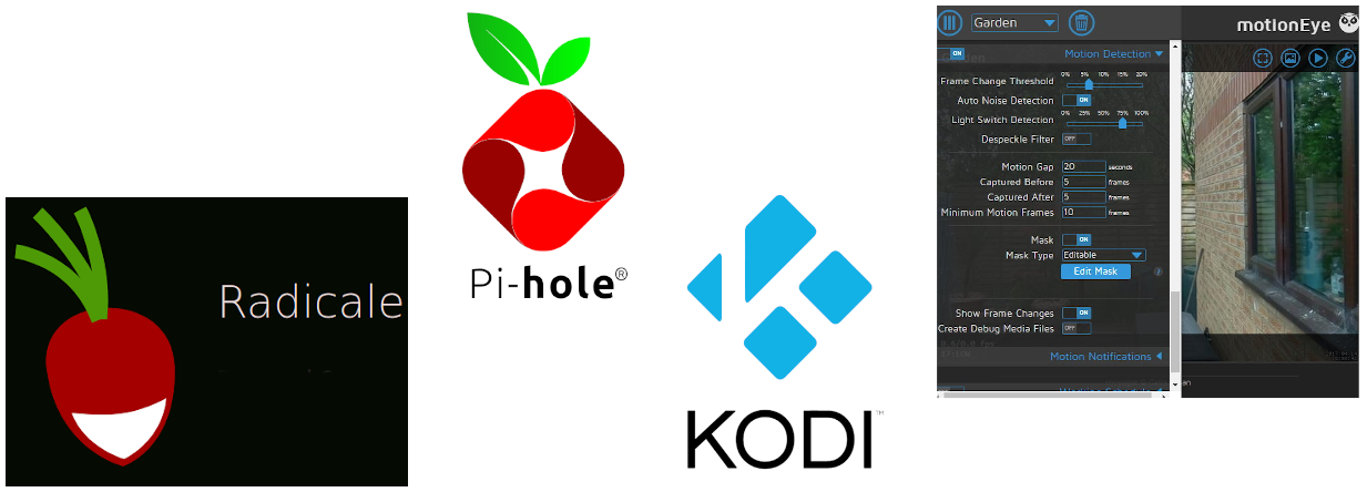 Zu sehen sind vier Bilder. Von links nach rechts: Logo des Radicale-Projekts in Form eines Radieschens, Logo de Pi-hole-Projekts in Form einer abstrahierten Himbeere, Logo des KODI-Projekts als auf der Spitze stehendes balues Quadrat und zuletzt ein Screenshot aus dem Programm MotionEye, welcher verschiede Einstellungsparameter fpr eien Kamera zeigt sowie eine Momentaufnahme der Kamera, die ein Fenster von außen überwacht.