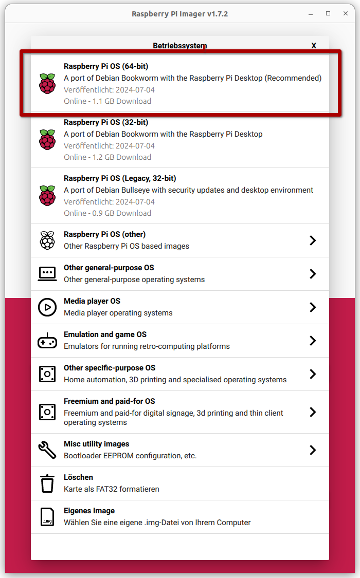 Screenshot auf welchem das Programm Raspberry Pi Imager mit Funktionen zur Auswahl eines Betriebssystems zu sehen ist.