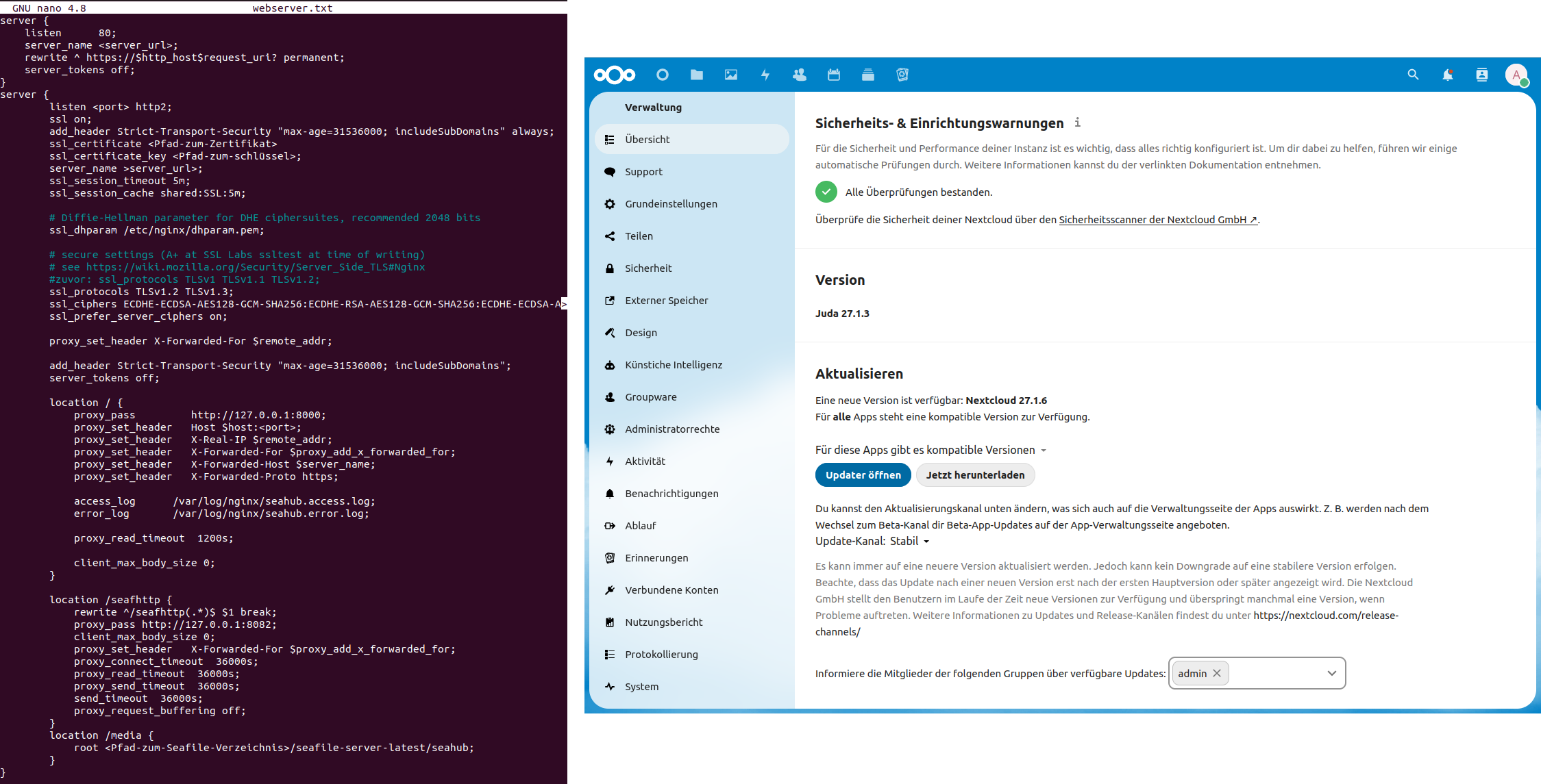 Zu sehen sind zwei Screenshots. Links ein Screenshot einer Konfigrationsdatei einer Website für den Apache2-Webserver und rechts die Browser-Administrationsoberschläche des Cloudservers Nextcloud.
