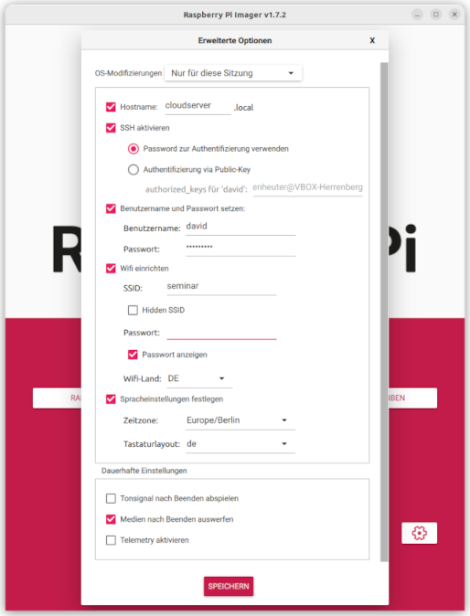 Startbildschirm des Raspberry Pi Imager. Es ist zu sehen, dass als Betriebssystem das Raspberry Pi OS 32 Bit ausgewählt ist