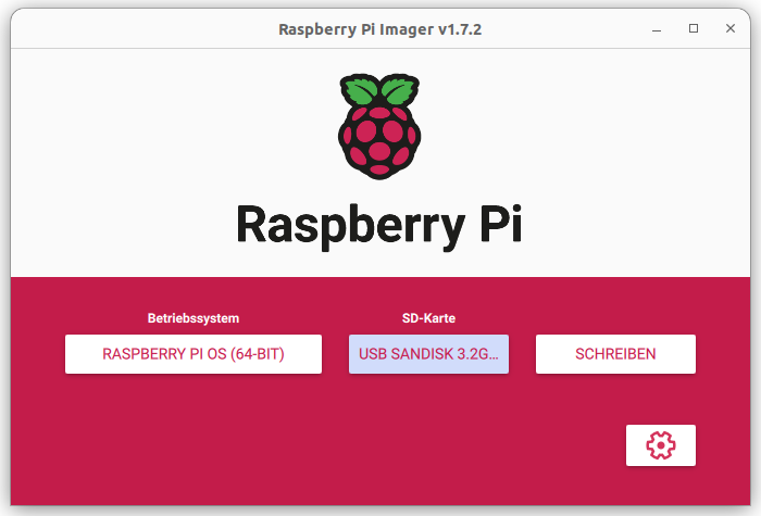 Startbildschirm des Raspberry Pi Imager. Es ist zu sehen, dass als Betriebssystem das Raspberry Pi OS 32 Bit ausgewählt ist