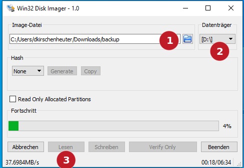 Screenshot des Win32 Disk Imagers. Mit Nummern werden die einzelen Schritte hervorgehoben, die nötig sind, um ein Backup zu erstellen. 1. Speicherpfad angeben, zweitens Datenträger wählen, drittens Lesen-Button betätigen