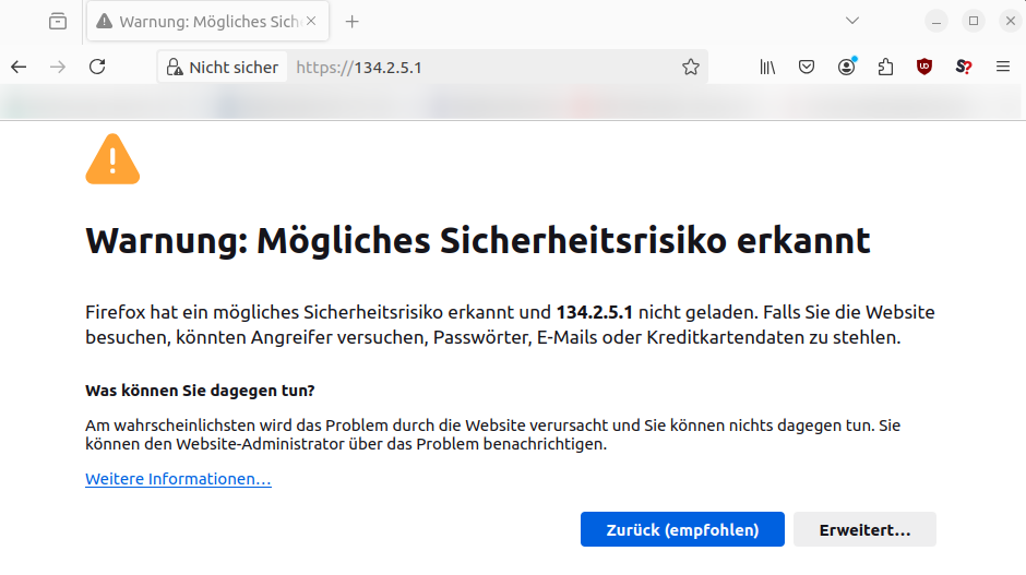 Browserfenster, dass eine unsichere https-Verbindung zeigt, welche mit einer Warnung angezeigt wird: "Warnung: Mögliches Sicherheitsrisiko erkannt"