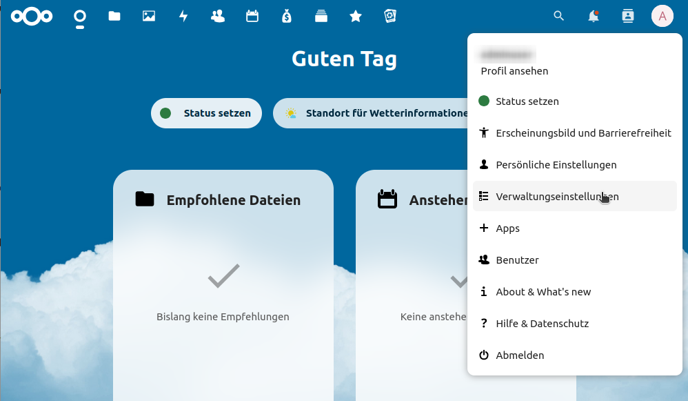 Screenshot, welcher die Weboberfläche eines Nextcloud-Servers zeigt. Zu sehen ist darauf das geöffnete Kontextmenü nach Klick auf das Usericon. Der Maus-Cursor zeigt auf den Punkt "Verwaltungseinstellungen